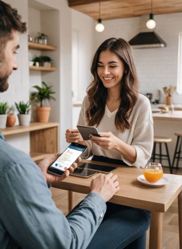 a group of people working on a big table on their laptops, headphones, water bottles
