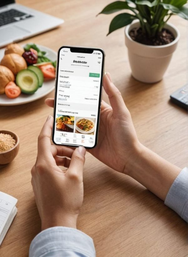 a green working space with laptop, notes, plants, computer
